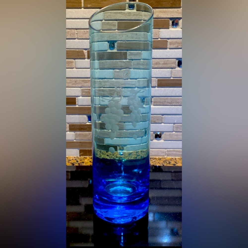 Vintage Blue Base Glass Vase with engraved grapevines